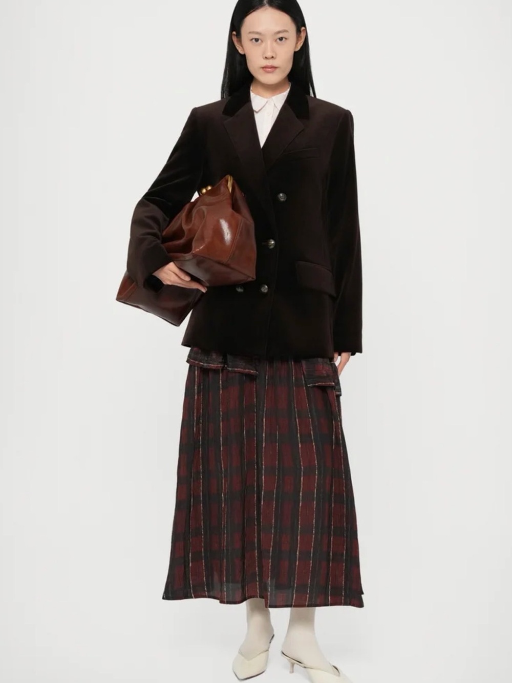 Baum und pferdgarten Plaid ruffled linen Maxi Skirt in Burgundy and Black NWT